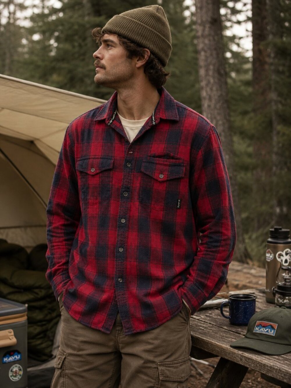 Vintage KAVU Klear Above Visibility Unlimited Red Plaid Waffle Flannel Shirt S